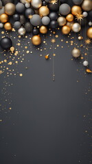Stylish Christmas dark gray background with volumetric 3D elements, golden balls and cut paper shapes. Wallpaper. Vertical. Copy space.