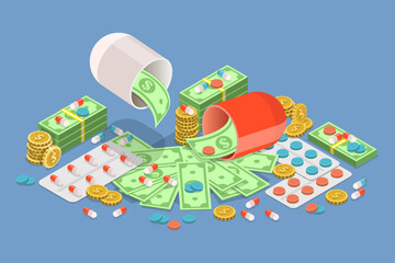 3D Isometric Flat Vector Illustration of Expensive Unaffordable Drugs, Health Care Costs