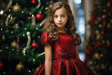 young European girl looking at camera standing in front of christmas trees wearing red dress retro style