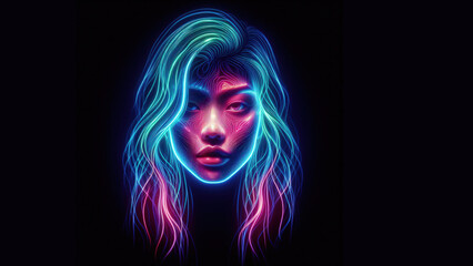 Beautiful portrait Colorful Futuristic girl Glowing Abstract Neon Lights.Vibrant digital neon lights on a dark backdrop.