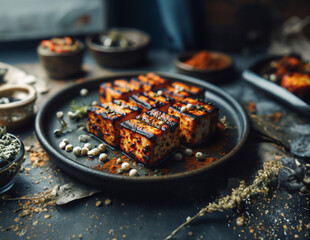 Paneer Tikka Plate Shot from Side Angle, Showcasing Charred Edges and Marination