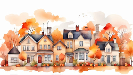 Autumn street suburb district houses vector simple isolated illustration, Autumn seasonal vector watercolor landscape background. - obrazy, fototapety, plakaty