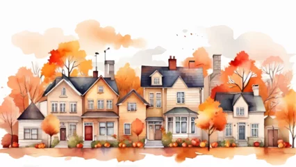 Fotobehang Autumn street suburb district houses vector simple isolated illustration, Autumn seasonal vector watercolor landscape background. © Yunus Ahmad