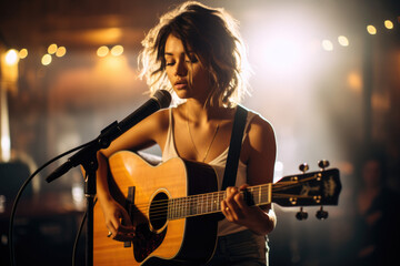 In a charming pub, a talented female singer-songwriter graces the stage, delivering heartfelt ballads with her soulful voice. 