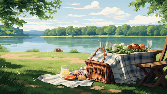 a serene lakeside picnic with a checkered blanket and basket