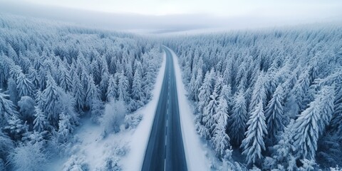 Generative AI, Misty winter fir forest beautiful landscape with road, in hipster vintage retro style, evergreen trees with show	
