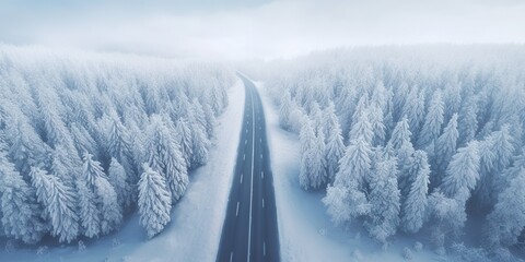 Generative AI, Misty winter fir forest beautiful landscape with road, in hipster vintage retro style, evergreen trees with show	
 - obrazy, fototapety, plakaty