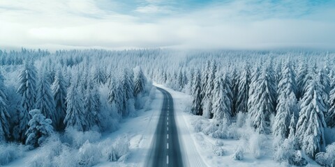 Generative AI, Misty winter fir forest beautiful landscape with road, in hipster vintage retro style, evergreen trees with show	
