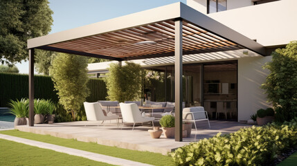 Fototapeta na wymiar Trendy outdoor patio pergola shade structure, awning and patio roof.