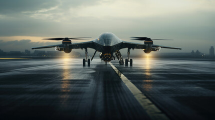 Fototapeta na wymiar Silhouette of spy drone ready for takeoff on the runway.