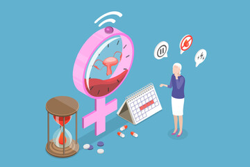 3D Isometric Flat Vector Illustration of Menopause Symptoms, Women Climacteric - obrazy, fototapety, plakaty