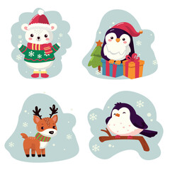 Cute holiday animals. Christmas hand drawn animals, xmas holiday winter characters isolated vector illustration. Funny holidays animals. set of christmas animals