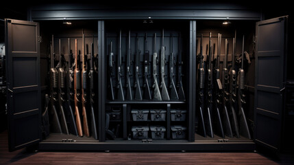 Safe for firearms. The inside of a gun cabinet. Safe storage of rifles, carbines, pistols. Black interior and gun holders. A metal gun safe. Safe storage for weapons
