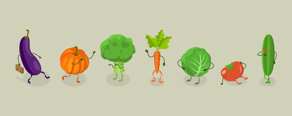 3D Isometric Flat Vector Set of Cute Vegetables, Funny Food Characters
