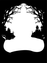 Frame black and white silhouette of a castle with a full moon in the background, gothic art, shadowy castle background, castle background, dark castle background, vector, flat pattern, for banner,
