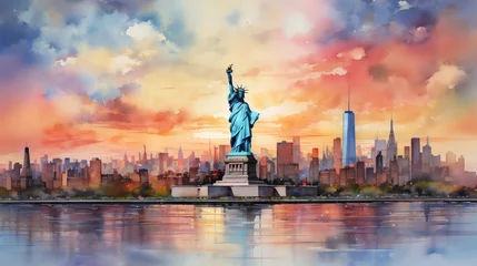 Stickers pour porte Peinture d aquarelle gratte-ciel New York USA Watercolor Art Print   USA Poster   Cityscape Wall Art   Art Decor   Statue of Liberty