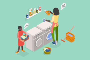 3D Isometric Flat Vector Illustration of Mom And Daughter Doing Housework , Housekeeping Management - obrazy, fototapety, plakaty