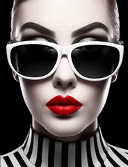 Closeup of modern woman with sunglasses. Contemporary and sophisticated fashion and makeup concept. AI generative © Alicina