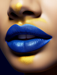 Closeup of lips with blue and gold makeup. AI generative