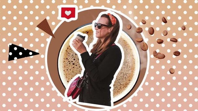 Creative digital collage stylish young woman hot coffee cup flying beans steam pastel gradient polka dot stop motion animation. Contemporary style funky trendy motion graphics Coffee house advertising