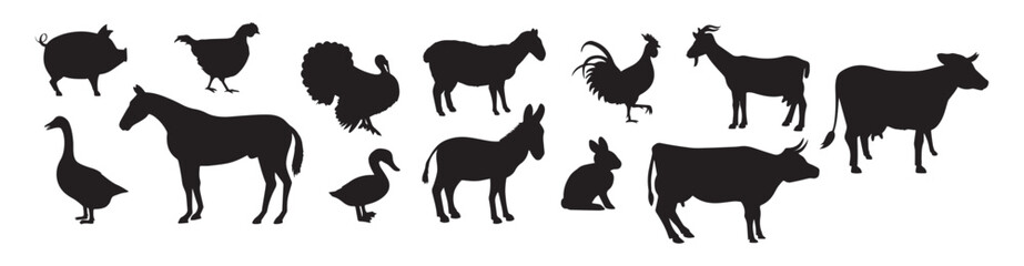 Domestic, farm animals, birds black silhouettes. Donkey, cock, goat, sheep, rabbit, horse. stock illustration