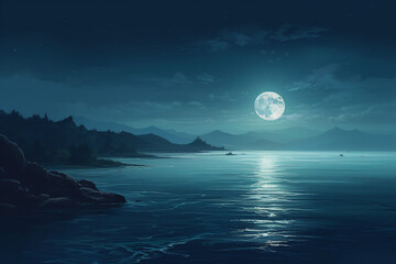 Fototapeta premium Night sea landscape with full moon, rocks and boats. Vector illustration