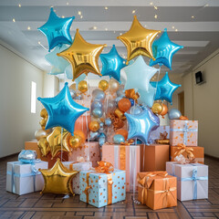 Multiple giftboxes in colorful and pop art style multiple shape colorful balloons