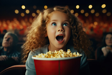 Naklejka premium Captivated Little Girl, Astonished and Surprised, Experiencing the Magic of Cinema while Watching a Movie. created with Generative AIe