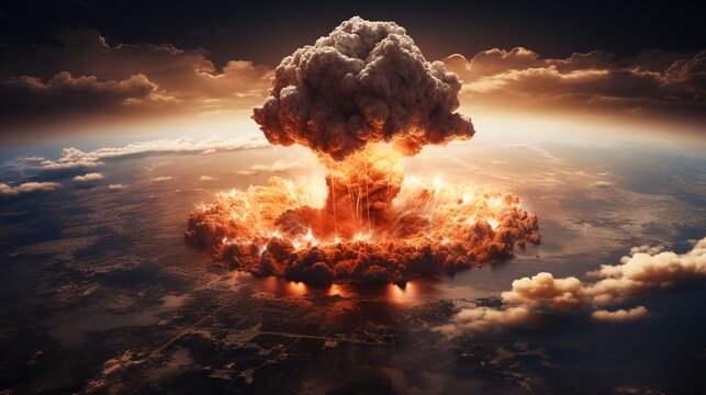 Terrible explosion of a nuclear bomb with a mushroom. Nuclear catastrophe