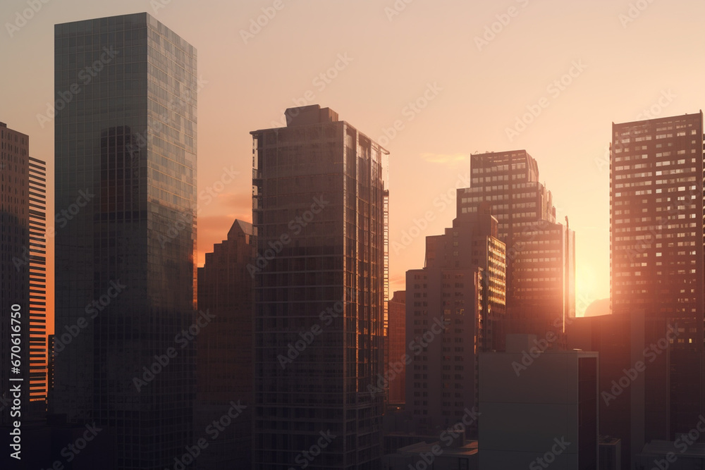 Wall mural silhouette of skyscrapers at sunset. 3d rendering