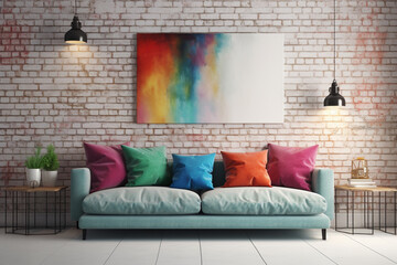 interior with sofa. 3d illustration and brick wall.