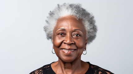 A close-up studio portrait captures the grace of a senior African American woman with grey hair, isolated on a white background, showcasing her timeless beauty.