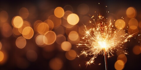Happy New Year, Glittering burning sparkler against blurred bokeh light background, Copy space, generative ai