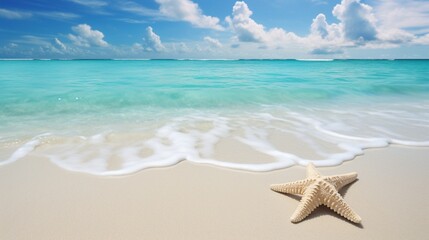 Fototapeta na wymiar Solitary starfish resting on pristine white sands, waves gently kissing its edges.