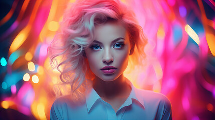 Obraz na płótnie Canvas High fashion blonde model in colorful bright neon lights posing at club. Portrait of beautiful girl with trendy glowing make-up. 8 March, Valentine day, Birthday party, International women day