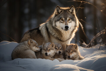 Fototapeta premium Group of wolfs in the winter forest. Animals in the wild.
