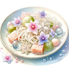 Fototapeta na wymiar Watercolor depiction of delicate Sashimi, a Japanese dish, on a white background with pastel hues, featuring slices of fresh fish.