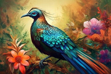 Fototapeta premium colorful bird on color background with flowers, digital painting, illustration