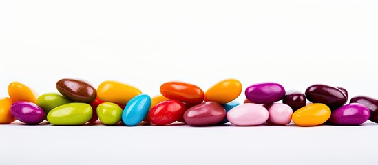A brightly colored peanut covered in chocolate set against a white isolated backdrop