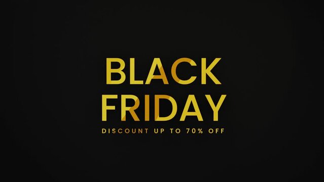 Black Friday with up to 70% off golden text, isolated on black background, shiny sign for promotional banner or advertising, shopping and sale concept, 