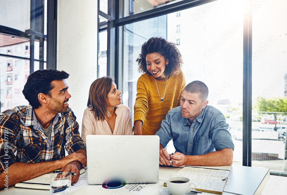 Poster web designer, planning and team in office with laptop, market research or problem solving in develop