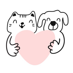 Cat and dog holding pink heart.