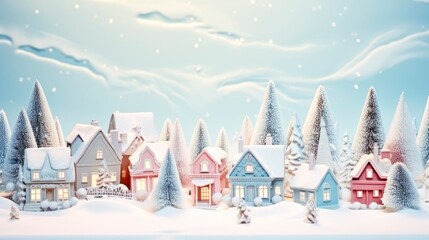 Fototapeta na wymiar old fashioned pastel colors christmas village in the snow. Winter village landscape. Celebrate the Christmas and New Year holidays Christmas card. Christmas concept