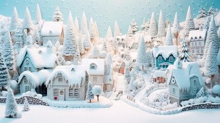  old fashioned pastel colors christmas village in the snow. Winter village landscape. Celebrate the Christmas and New Year holidays Christmas card. Christmas concept