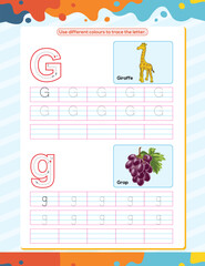 G alphabet tracing practice worksheet. Educational coloring book page with outline vector illustration for preschool