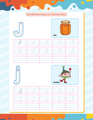 J alphabet tracing practice worksheet. Educational coloring book page with outline vector illustration for preschool