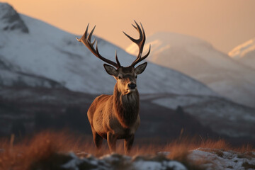 Majestic red deer stag in winter landscape with snow covered mountain peaks