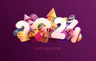 Happy New year 2024. White numbers with gift boxes and colorful christmas decoration. Festive greeting card design.