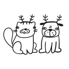 Puppy and kitty. Concept about volunteer. Vector outline illustration