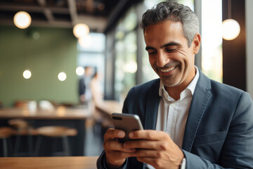 A close-up of a smiling, mature businessman, either Latin or Indian, using a smartphone in his office for digital business solutions.